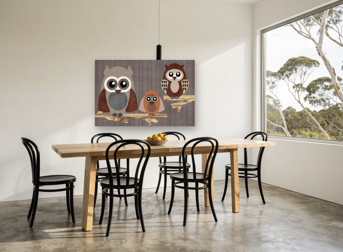 Owl Family on Branches animal canvas print on the wall of a dining room