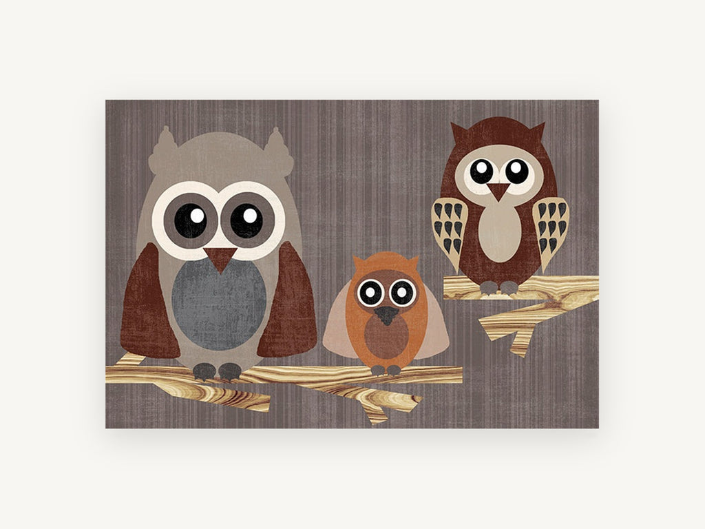 Owl Family on Branches, three owls on branches illustration, animal canvas wall art print, front view