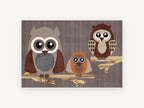 Owl Family on Branches, three owls on branches illustration, animal canvas wall art print, front view