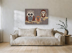 Owl Family on Branches animal canvas print on the wall of a living room
