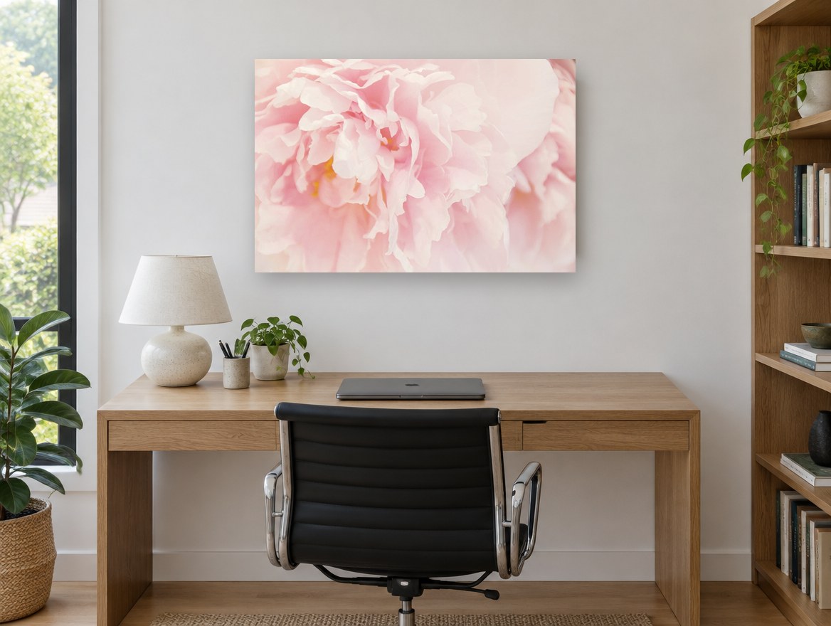 Blush Peony Bloom floral canvas print on the wall of a study