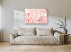 Soft Pink Peony Layers floral canvas print on the wall of a living room
