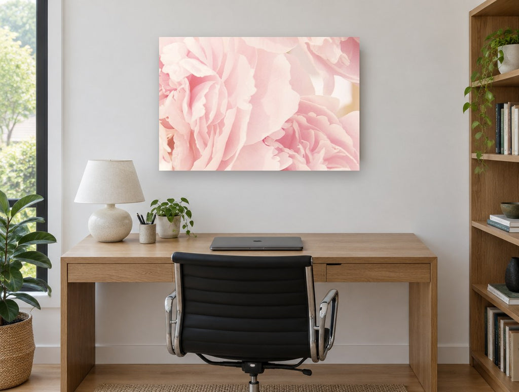 Soft Pink Peony Layers floral canvas print on the wall of a study