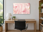 Soft Pink Peony Layers floral canvas print on the wall of a study