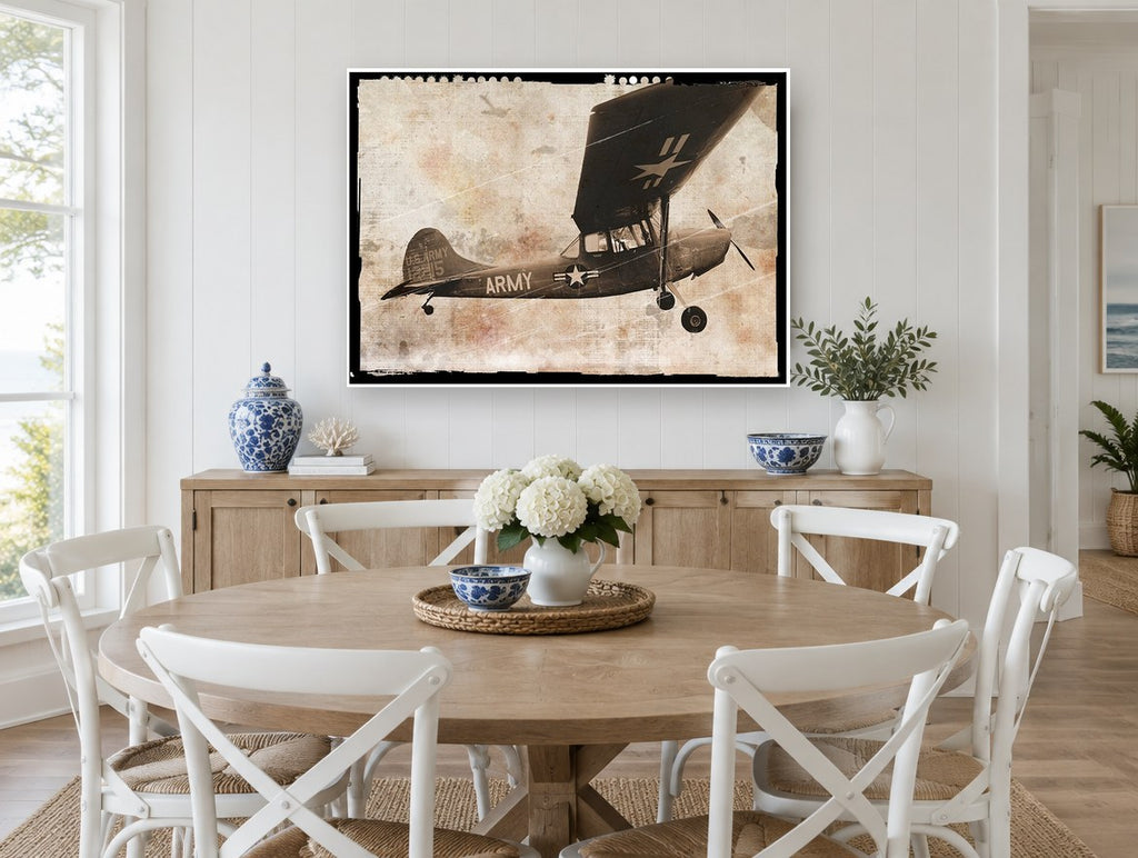 Army Spotter Overhead vintage canvas print on the wall of a Hamptons dining room