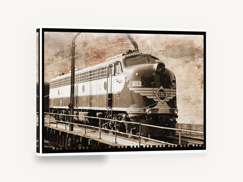 Erie Diesel on Turntable, vintage erie diesel locomotive photo, stretched canvas wall art print ready to hang