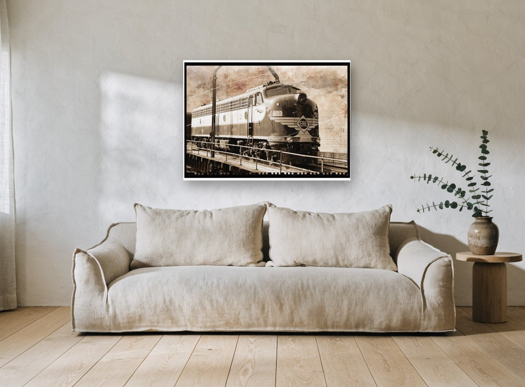 Erie Diesel on Turntable vintage canvas print on the wall of a living room