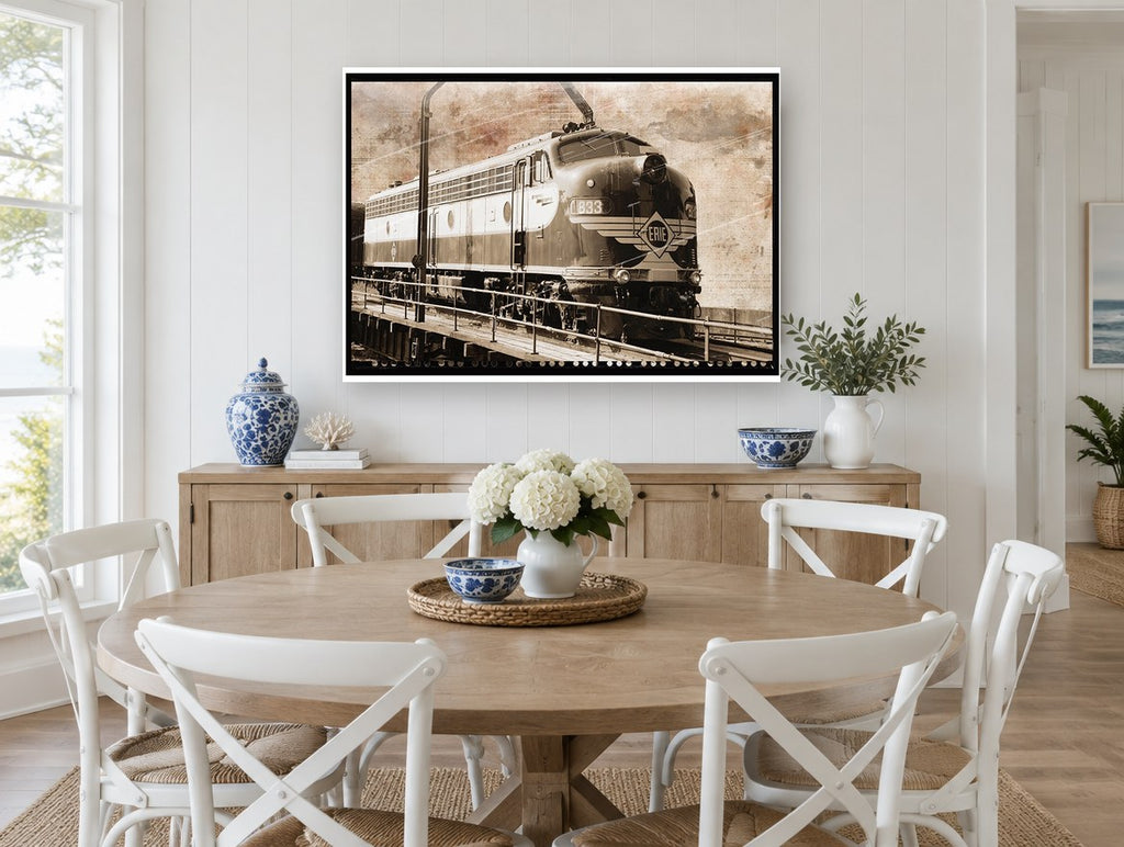 Erie Diesel on Turntable vintage canvas print on the wall of a Hamptons dining room
