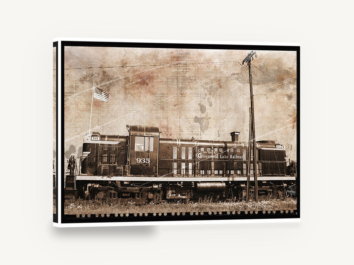 Greenwood Lake Diesel, vintage sepia diesel locomotive photo, stretched canvas wall art print ready to hang