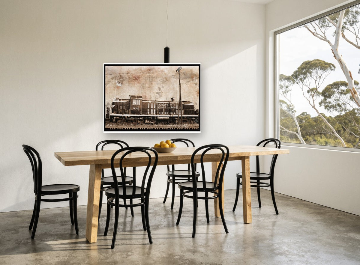 Greenwood Lake Diesel vintage canvas print on the wall of a dining room