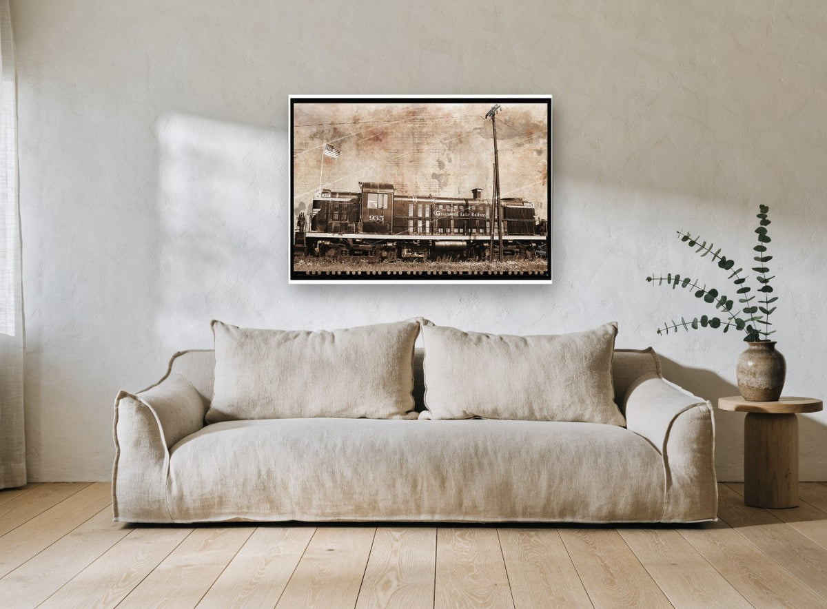 Greenwood Lake Diesel vintage canvas print on the wall of a living room