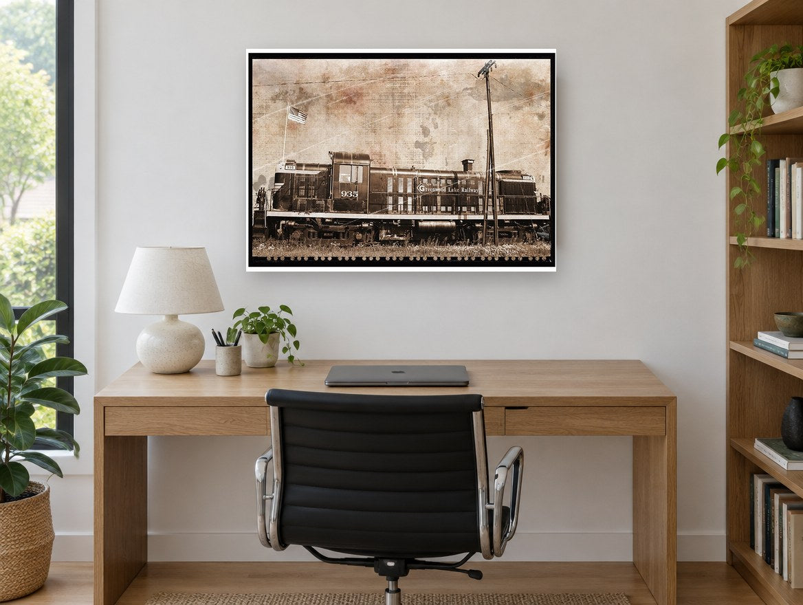 Greenwood Lake Diesel vintage canvas print on the wall of a study
