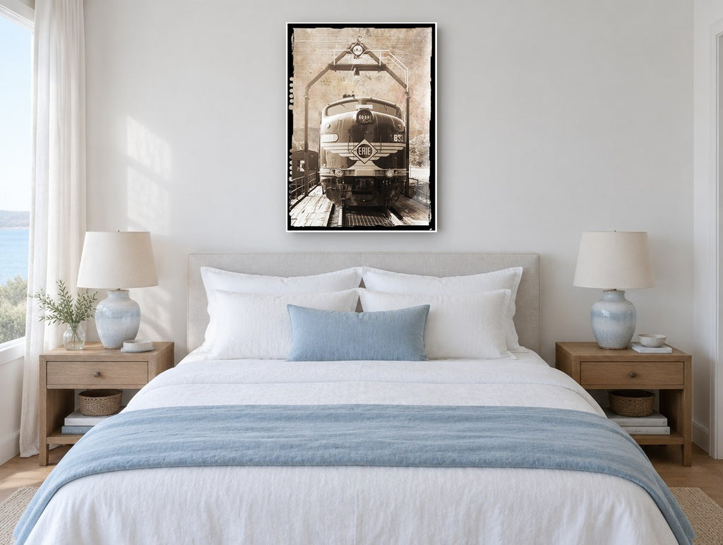 Erie Diesel Head-On vintage canvas print on the wall of a coastal bedroom