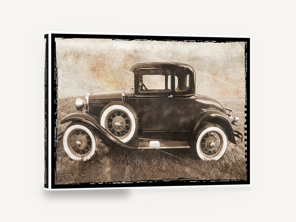 Sepia Coupe Meadow, vintage ford coupe car photograph, stretched canvas wall art print ready to hang