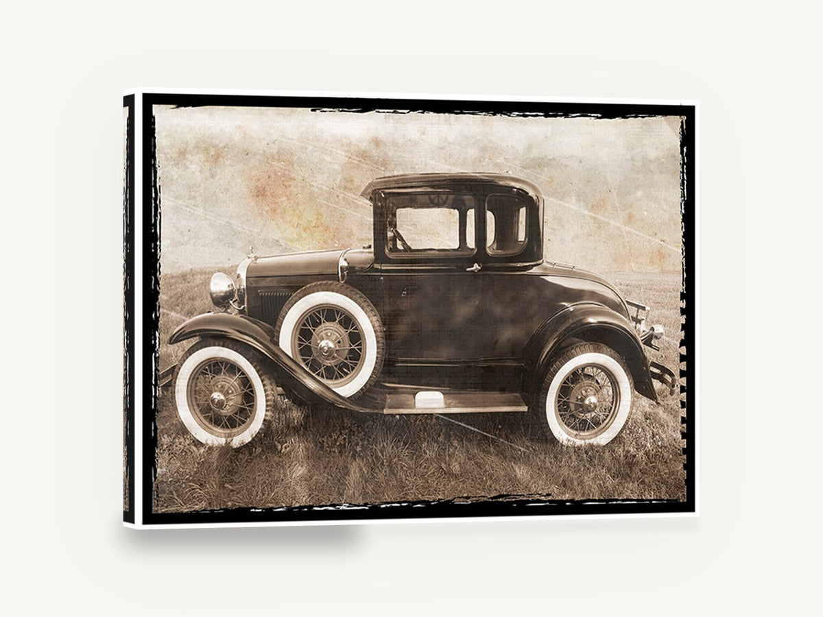Sepia Coupe Meadow, vintage ford coupe car photograph, stretched canvas wall art print ready to hang