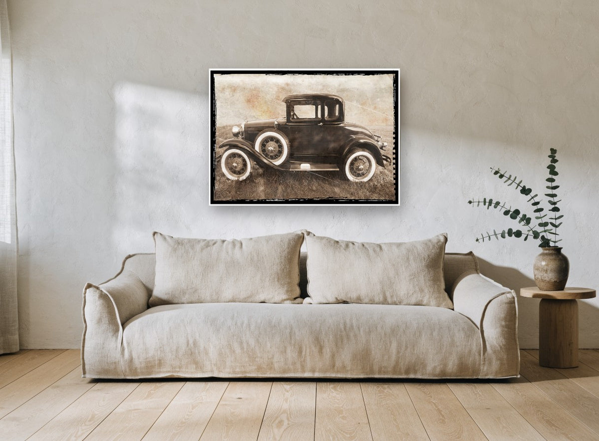 Sepia Coupe Meadow vintage canvas print on the wall of a living room
