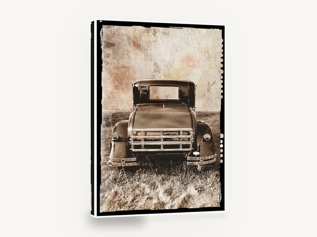 Rear of the Old Coupe, vintage car rear sepia photograph, stretched canvas wall art print ready to hang