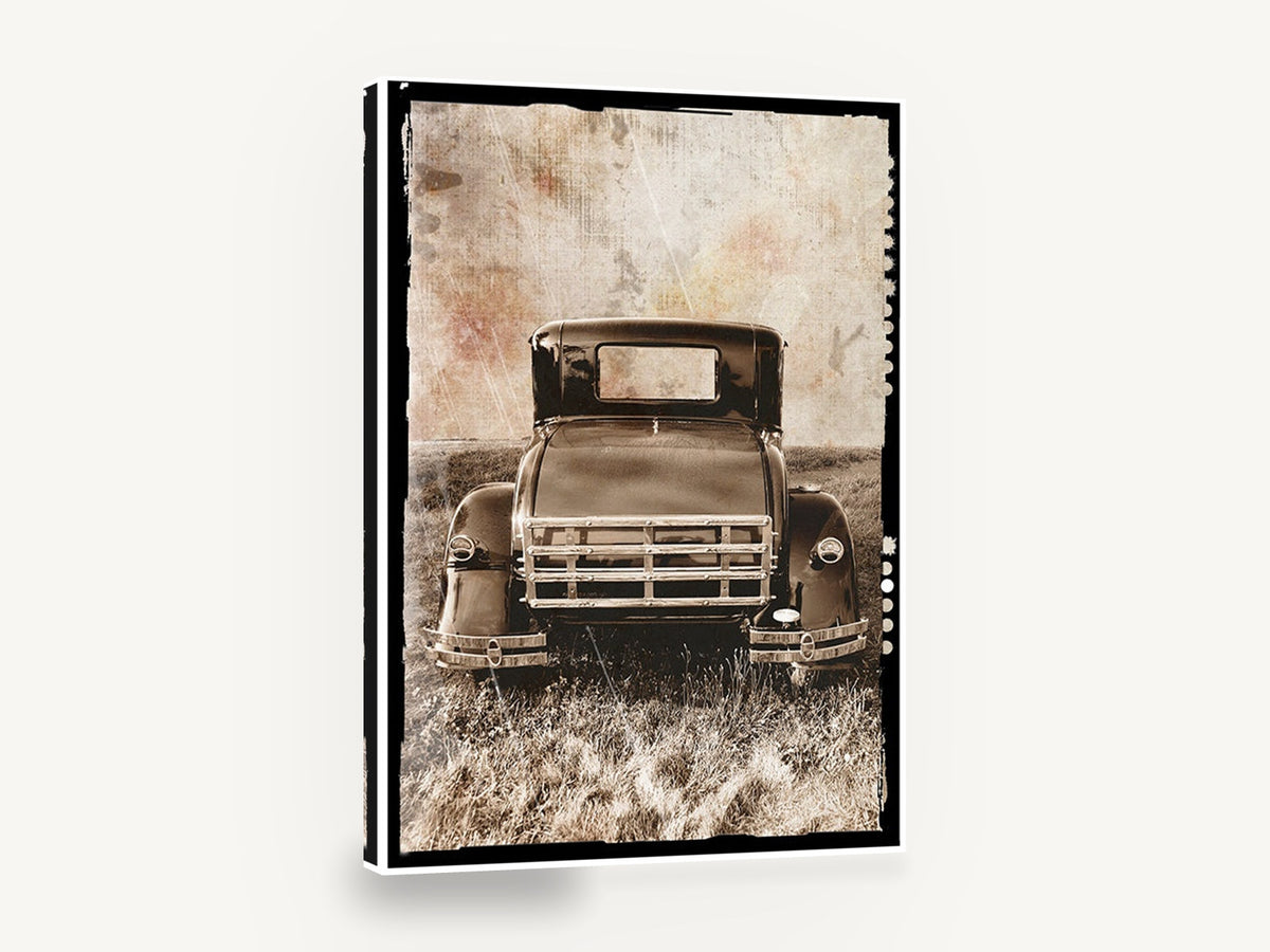 Rear of the Old Coupe, vintage car rear sepia photograph, stretched canvas wall art print ready to hang