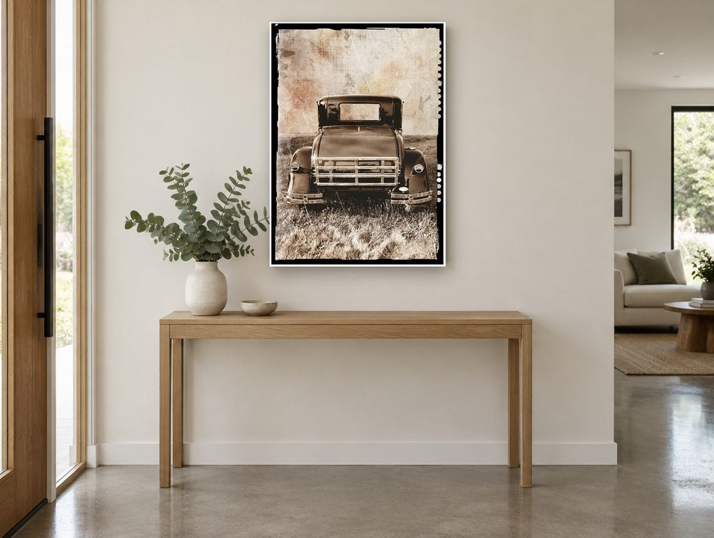 Rear of the Old Coupe vintage canvas print on the wall of a entry hall