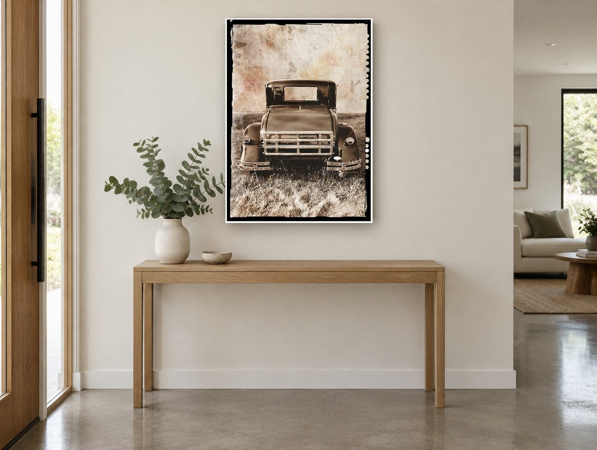 Rear of the Old Coupe vintage canvas print on the wall of a entry hall