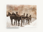 Six Horses in Snow, vintage horses at snowy fence photo, stretched canvas wall art print ready to hang