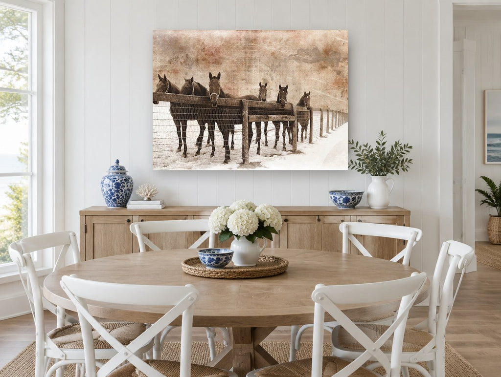 Six Horses in Snow vintage canvas print on the wall of a Hamptons dining room