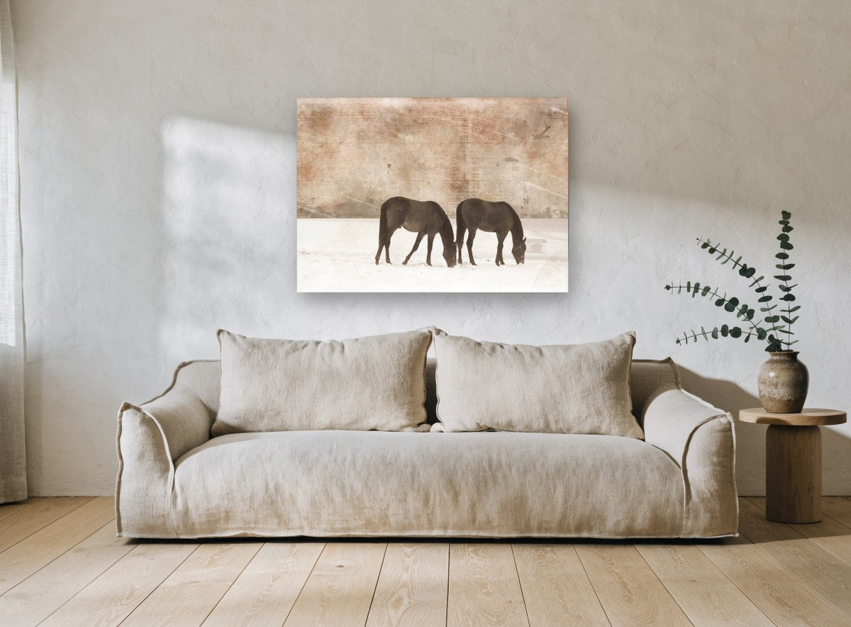 Grazing in Winter Snow vintage canvas print on the wall of a living room