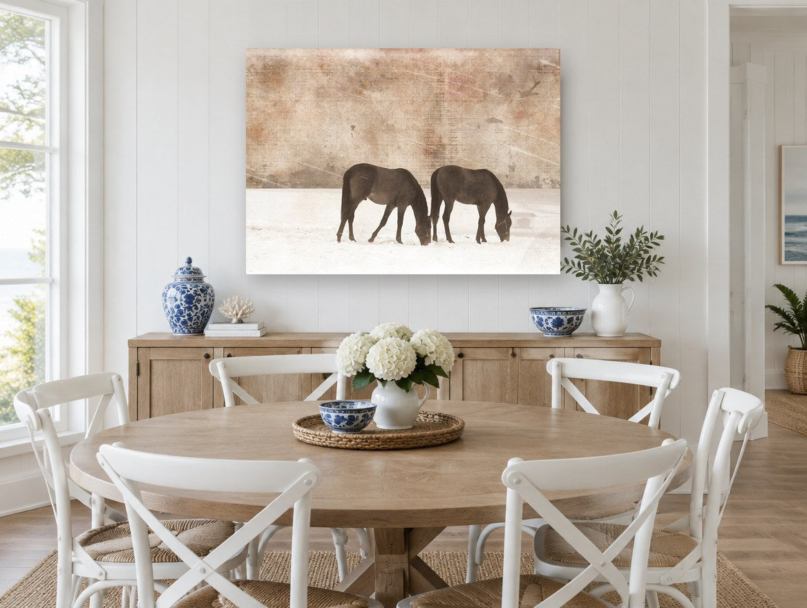 Grazing in Winter Snow vintage canvas print on the wall of a Hamptons dining room