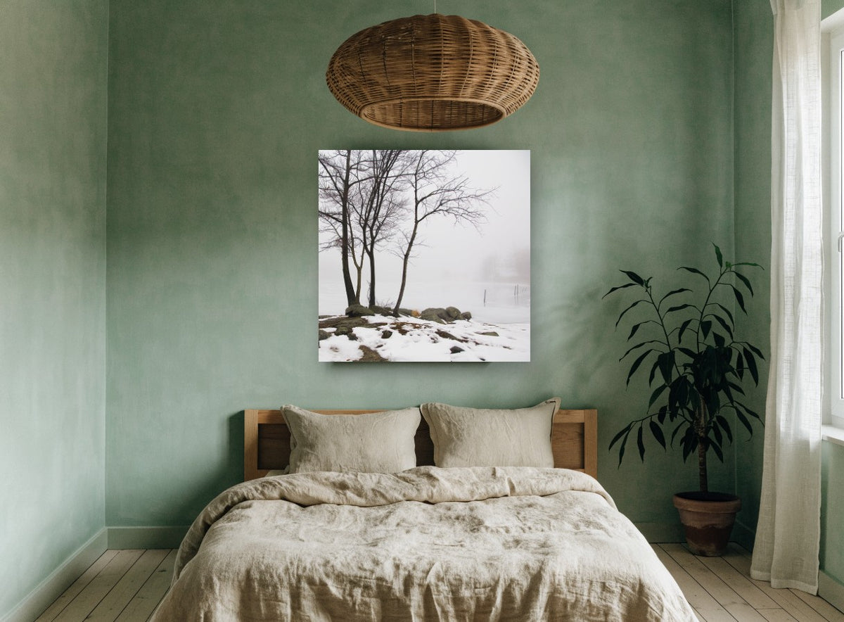 Winter Shore Fog landscape canvas print on the wall of a bedroom