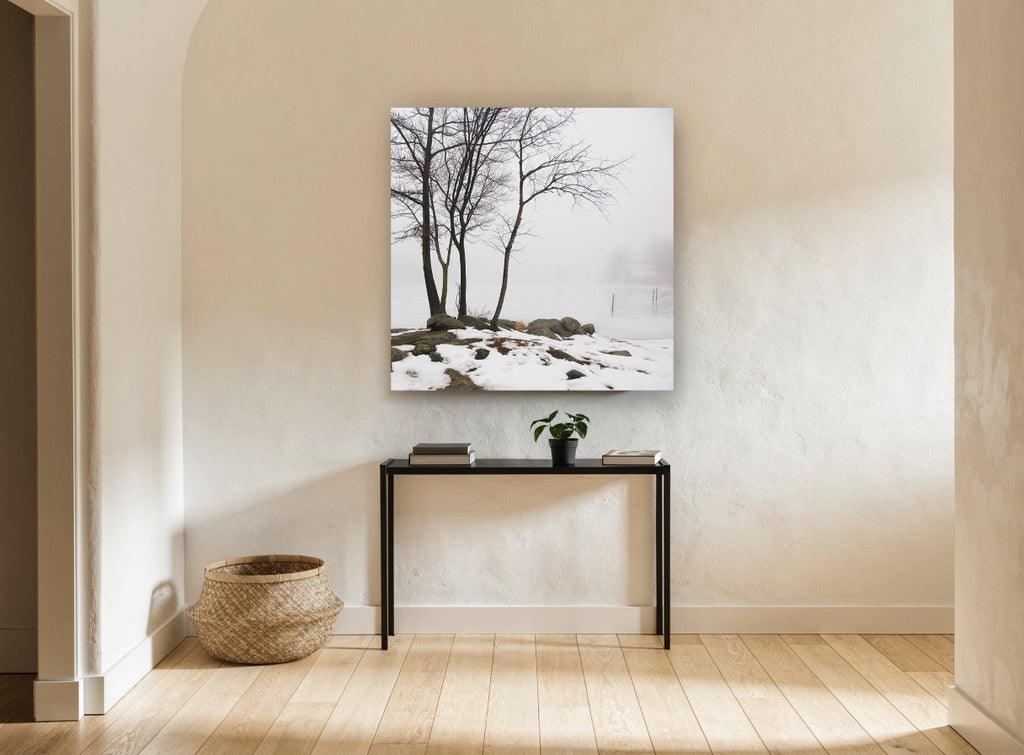 Winter Shore Fog landscape canvas print on the wall of a hallway
