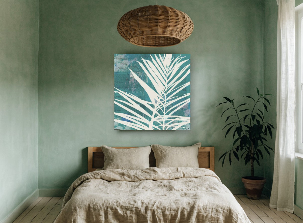 Cream Fronds on Teal floral canvas print on the wall of a bedroom