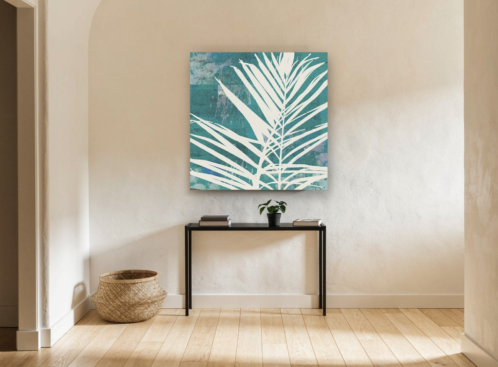 Cream Fronds on Teal floral canvas print on the wall of a hallway