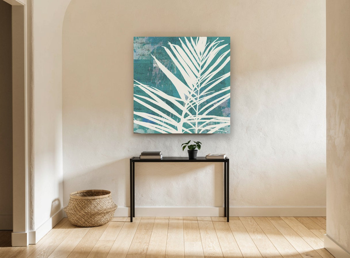 Cream Fronds on Teal floral canvas print on the wall of a hallway