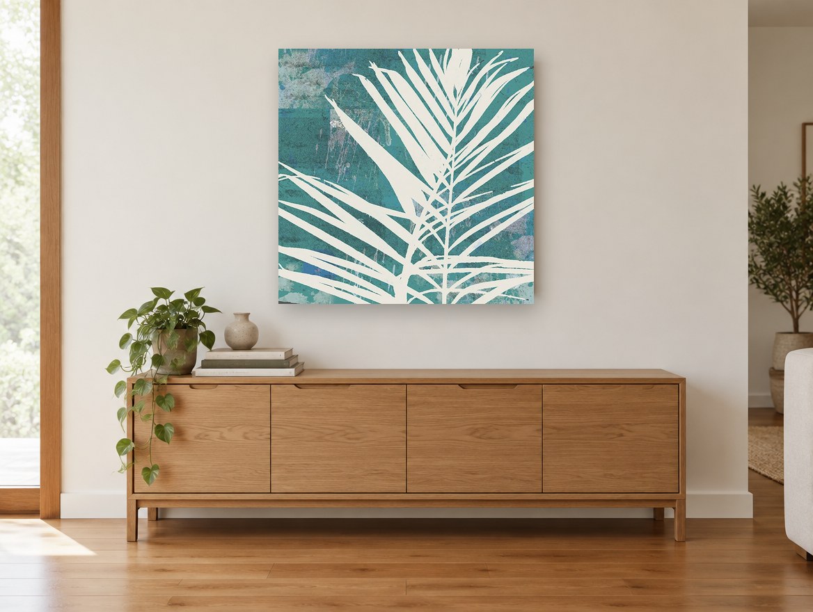 Cream Fronds on Teal floral canvas print on the wall of a living room above a sideboard