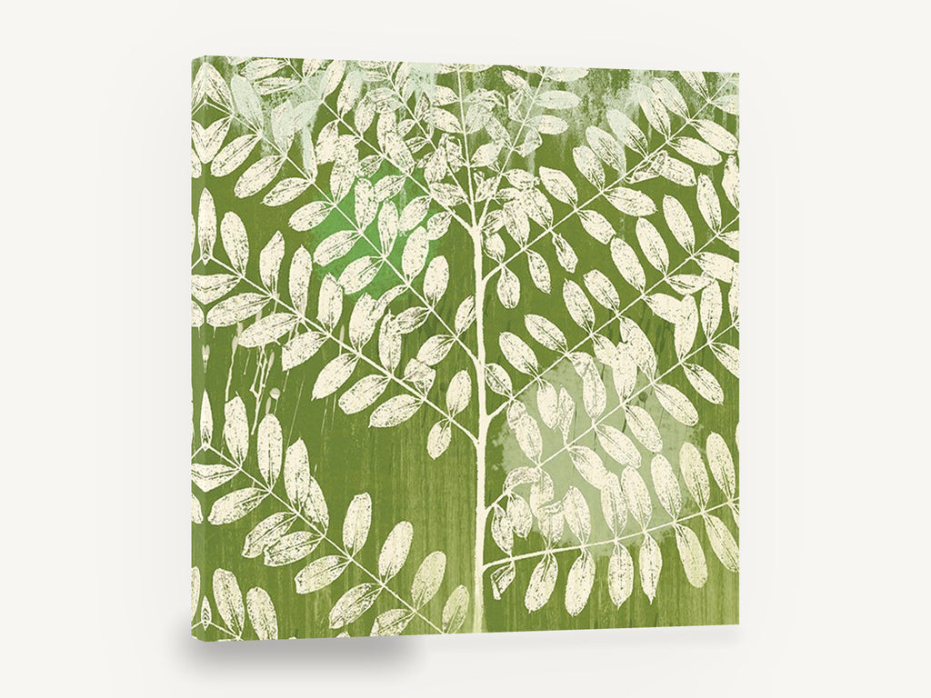 Cream Leaves on Green, cream leaf silhouette green botanical, floral canvas wall art print ready to hang