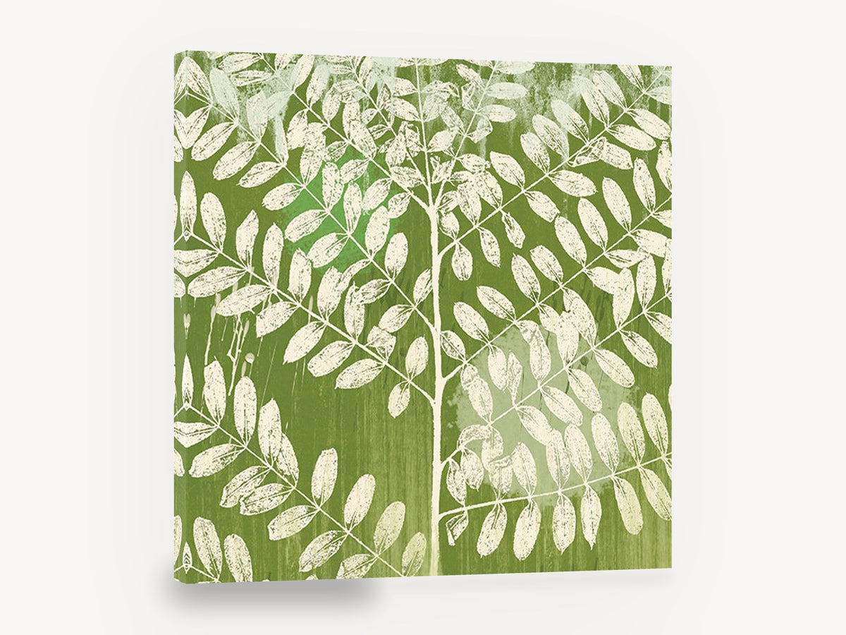 Cream Leaves on Green, cream leaf silhouette green botanical, floral canvas wall art print ready to hang