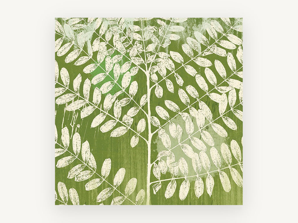 Cream Leaves on Green, floral canvas wall art print, front view
