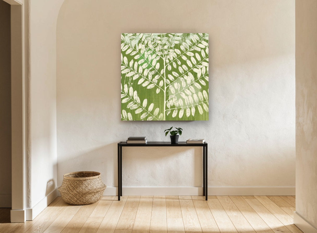Cream Leaves on Green floral canvas print on the wall of a hallway