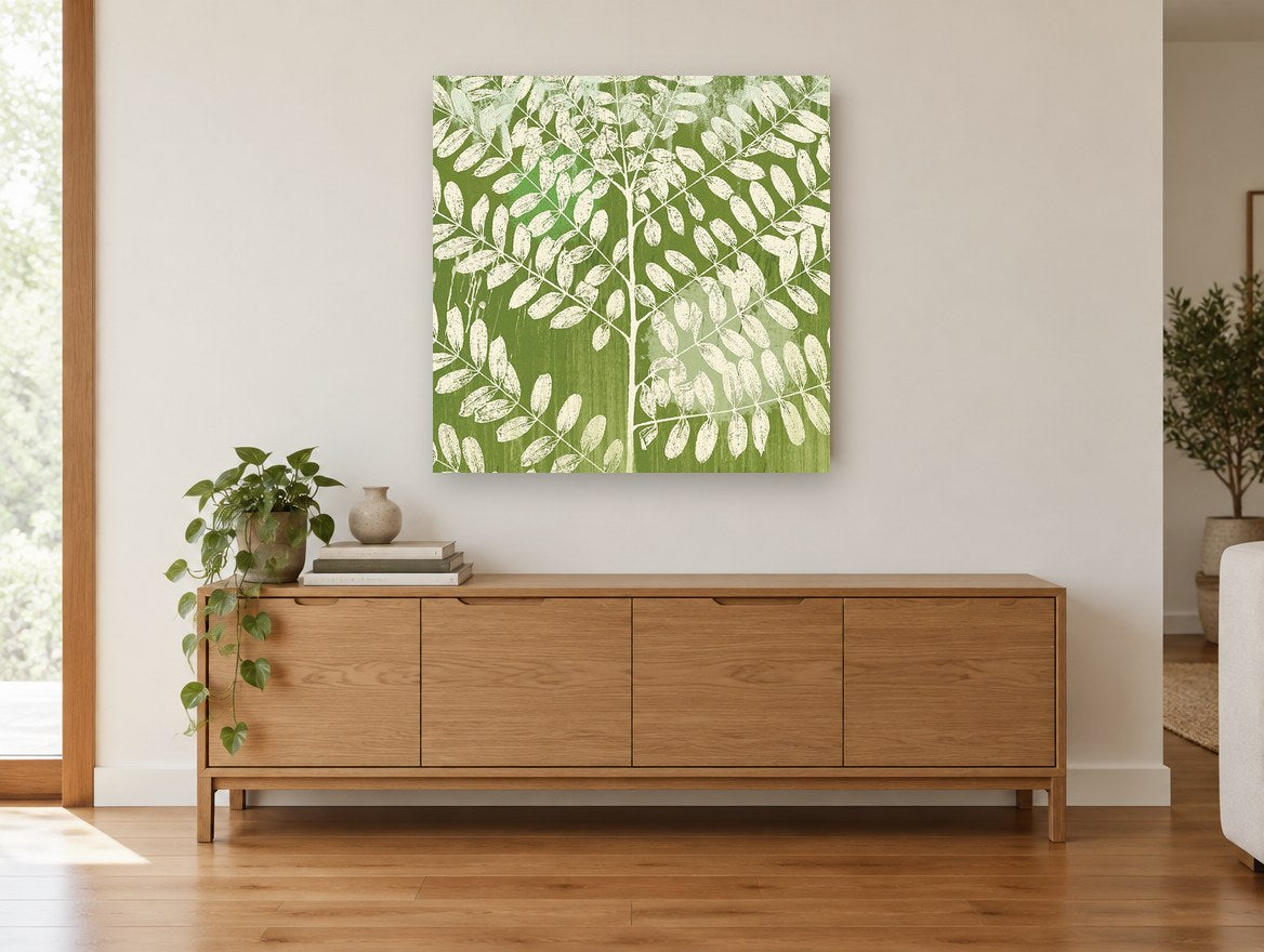 Cream Leaves on Green floral canvas print on the wall of a living room above a sideboard