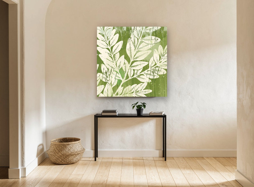 Sage Leaf Silhouettes floral canvas print on the wall of a hallway