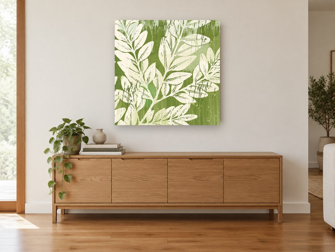 Sage Leaf Silhouettes floral canvas print on the wall of a living room above a sideboard