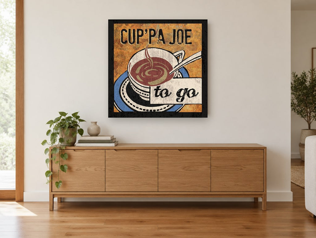 Cup'pa Joe To Go vintage canvas print on the wall of a living room above a sideboard