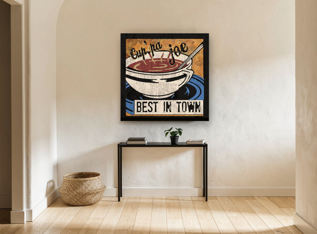 Cup'pa Joe Coffee vintage canvas print on the wall of a hallway