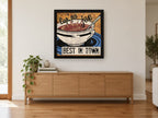 Cup'pa Joe Coffee vintage canvas print on the wall of a living room above a sideboard
