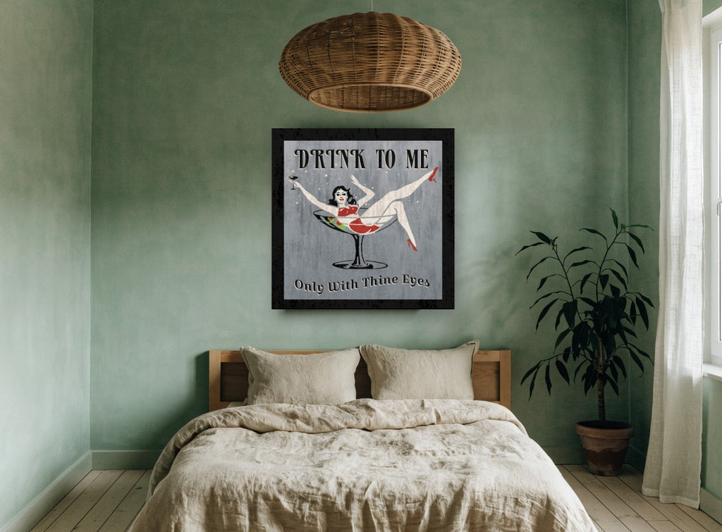 Drink To Me Martini vintage canvas print on the wall of a bedroom