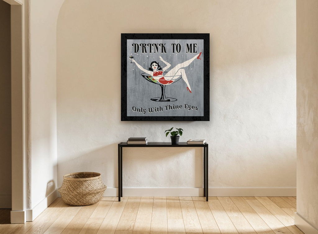 Drink To Me Martini vintage canvas print on the wall of a hallway