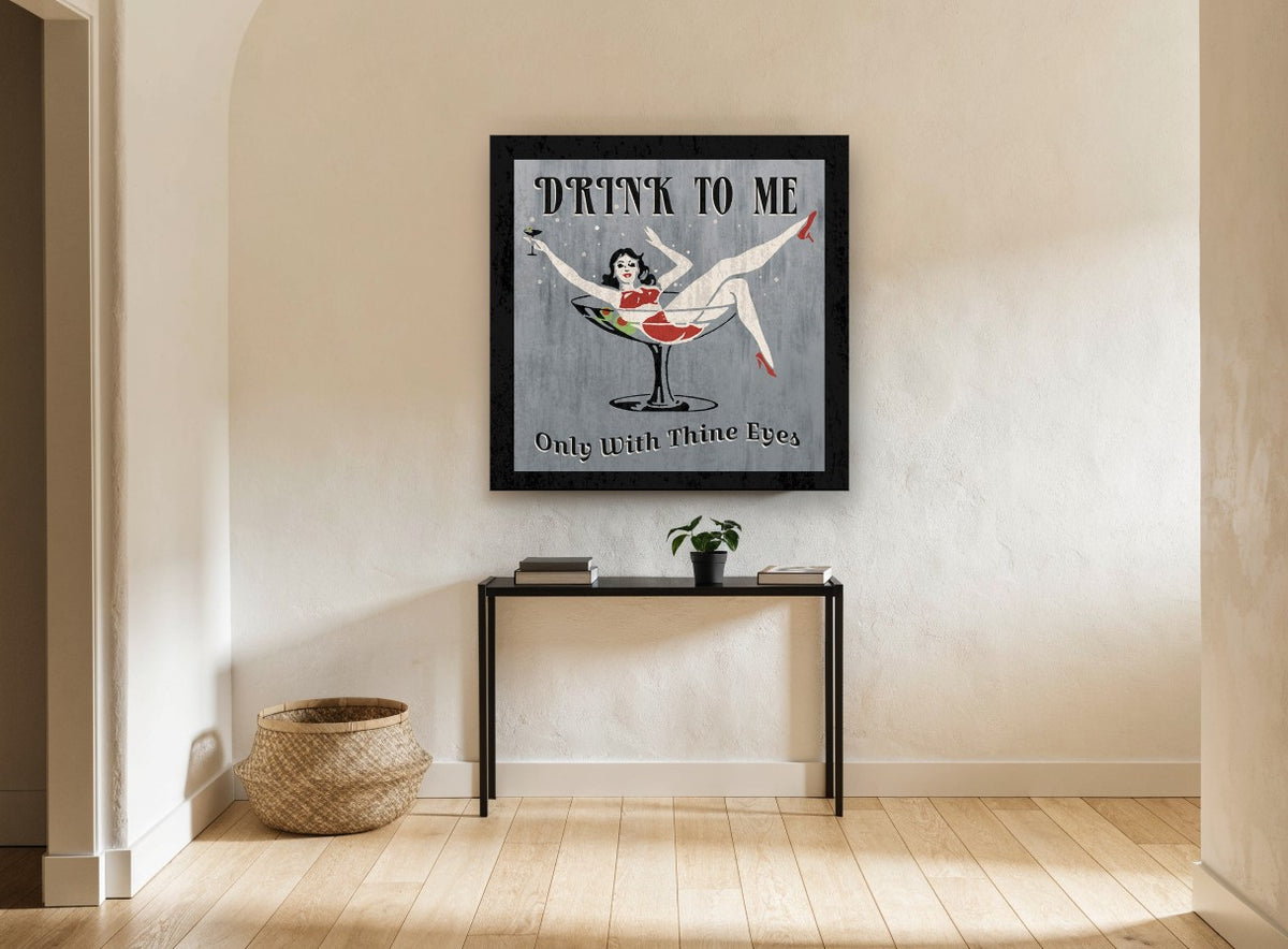 Drink To Me Martini vintage canvas print on the wall of a hallway