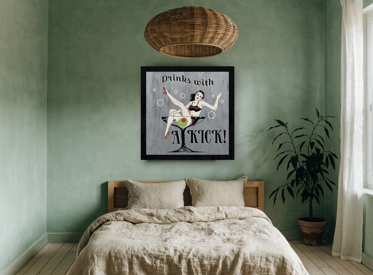 Drinks with a Kick vintage canvas print on the wall of a bedroom