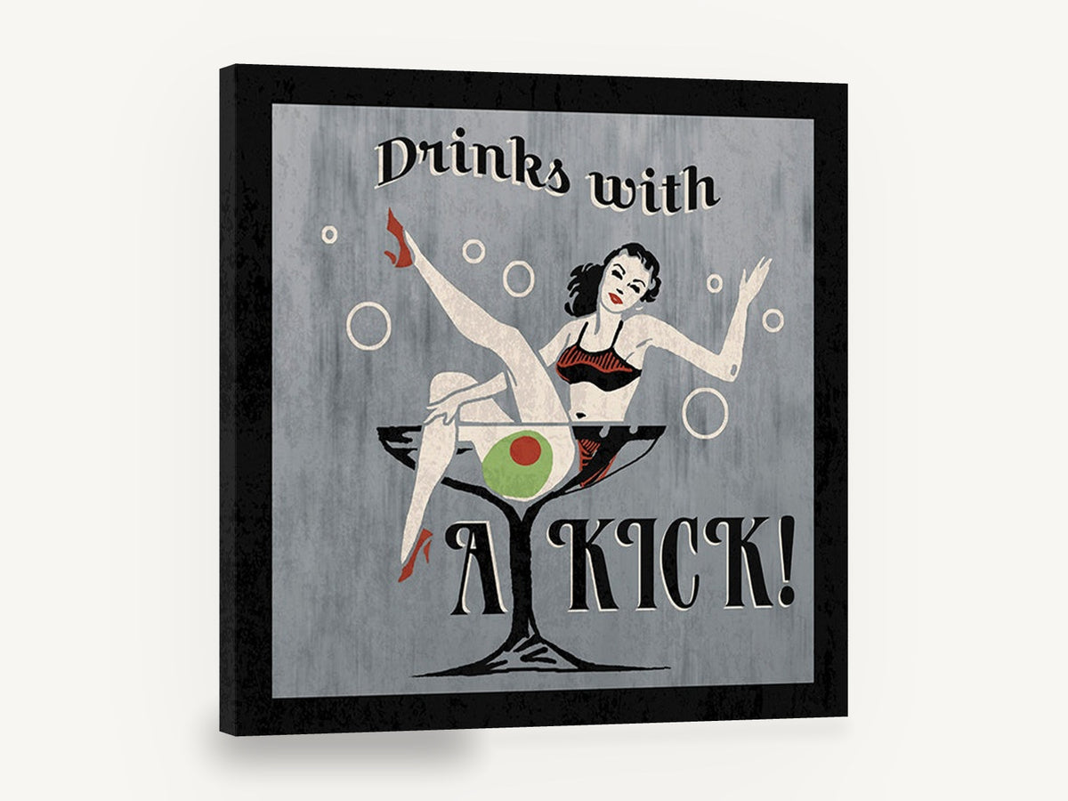 Drinks with a Kick, retro martini pin-up bar, stretched canvas wall art print ready to hang