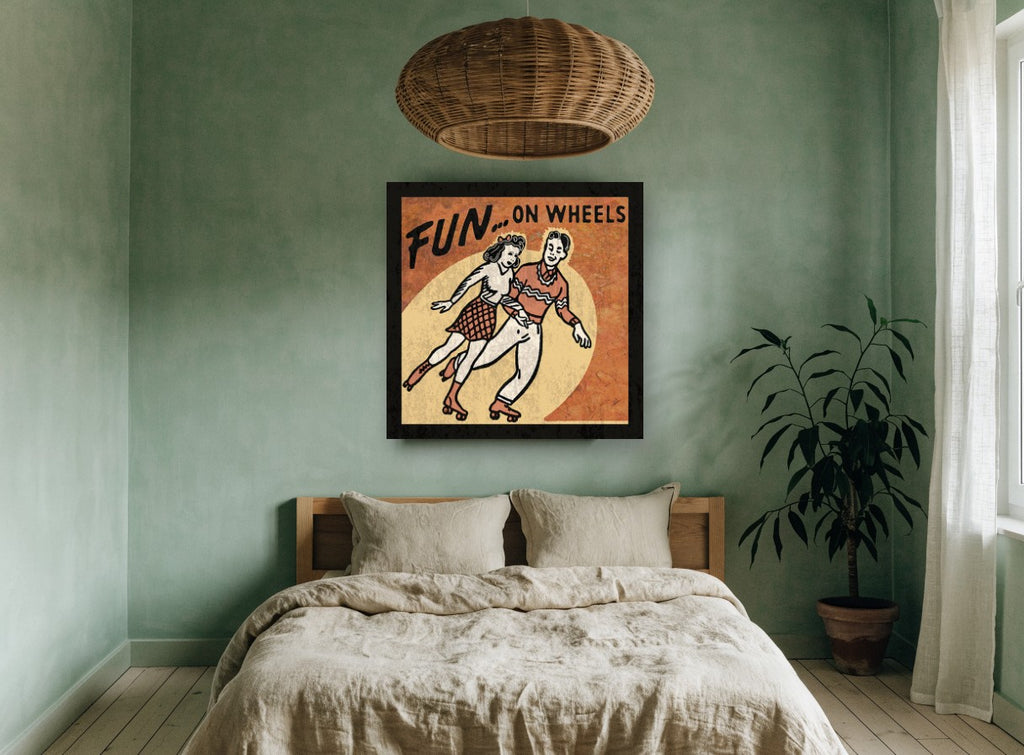 Fun On Wheels vintage canvas print on the wall of a bedroom